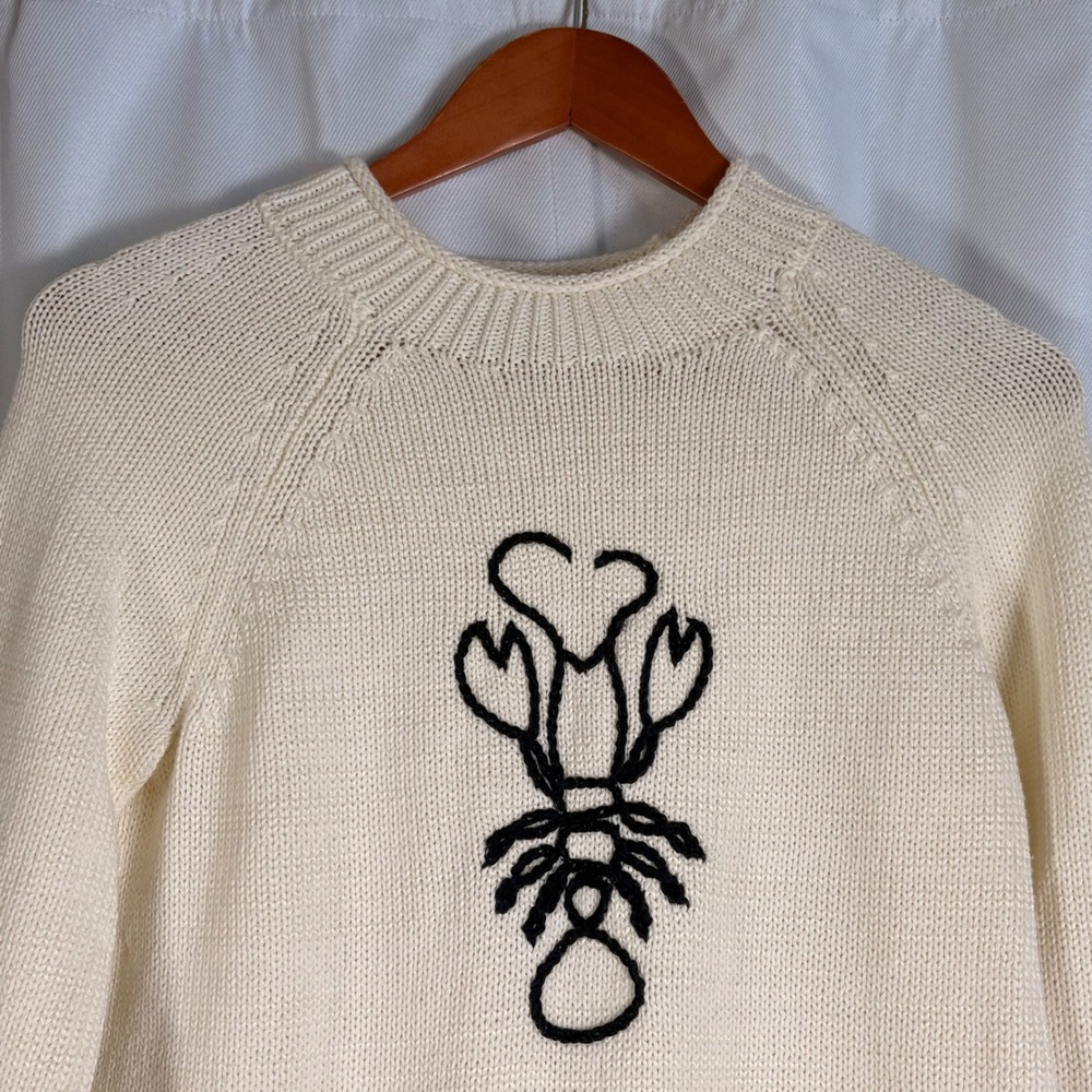 Talbots Lobster Sweater S Cream Cotton Knit Coastal Nautical Preppy Embroidered